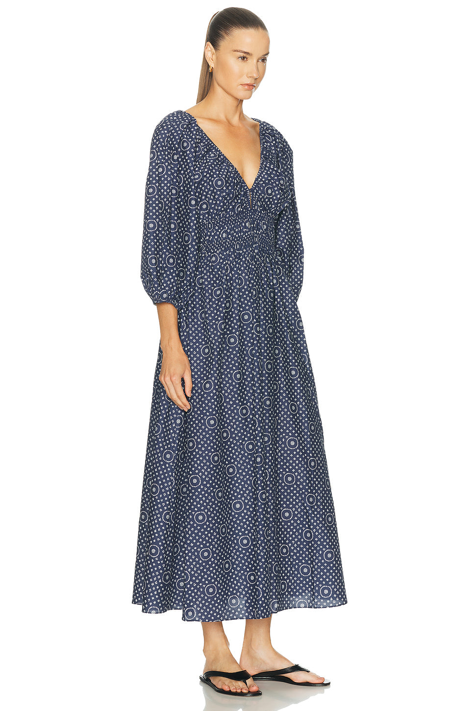 Shirred Plunge Button Dress