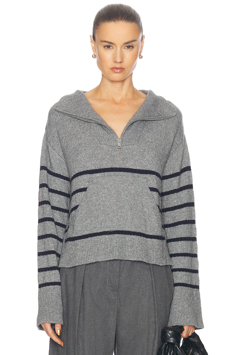 Quarter Zip Striped Knit Pullover Sweater