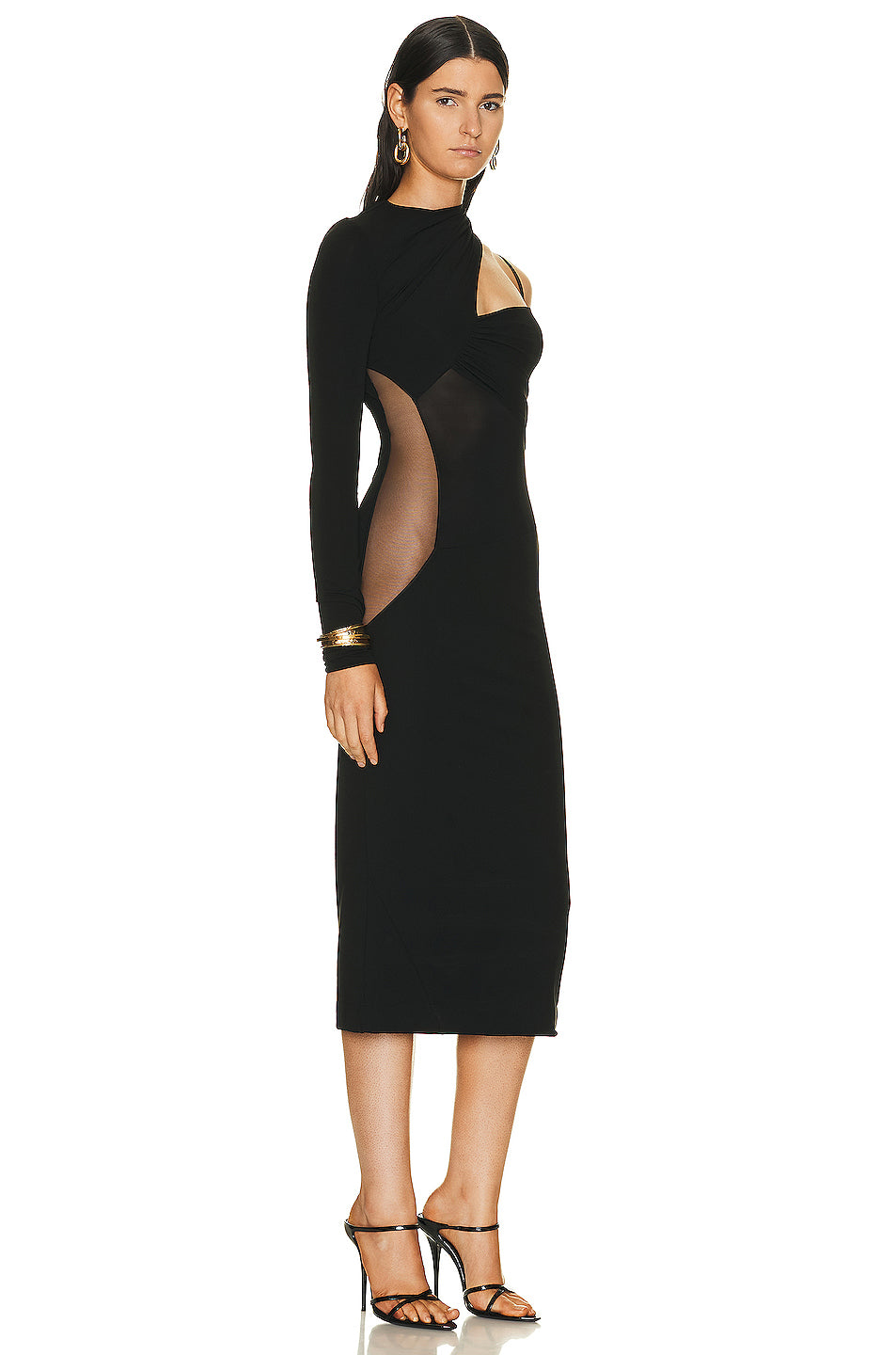 Gathered Asymmetrical Long Sleeve Midi Dress