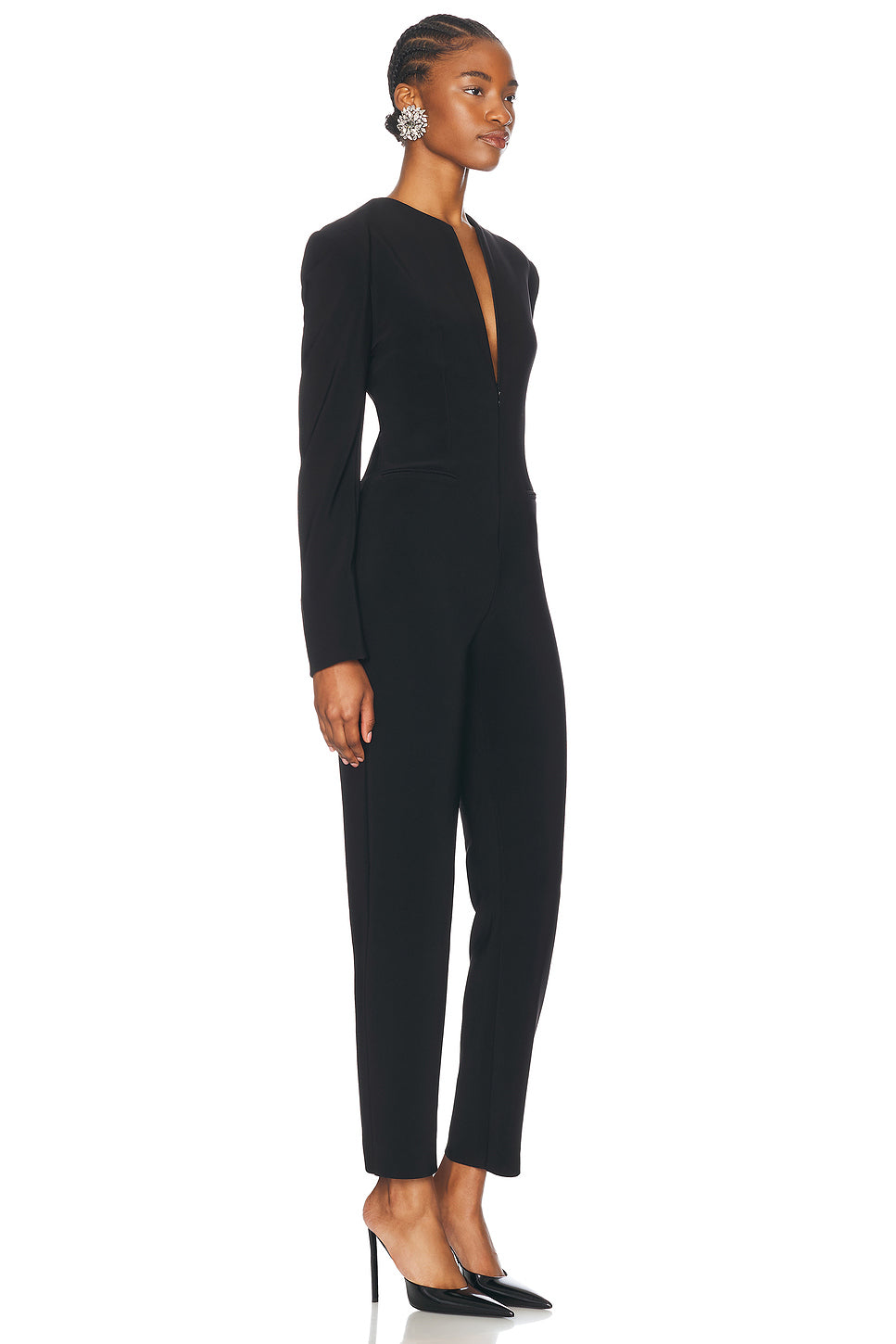 Long Sleeve Shoulder Pad V Neck Zip Front Tapered Leg Jumpsuit