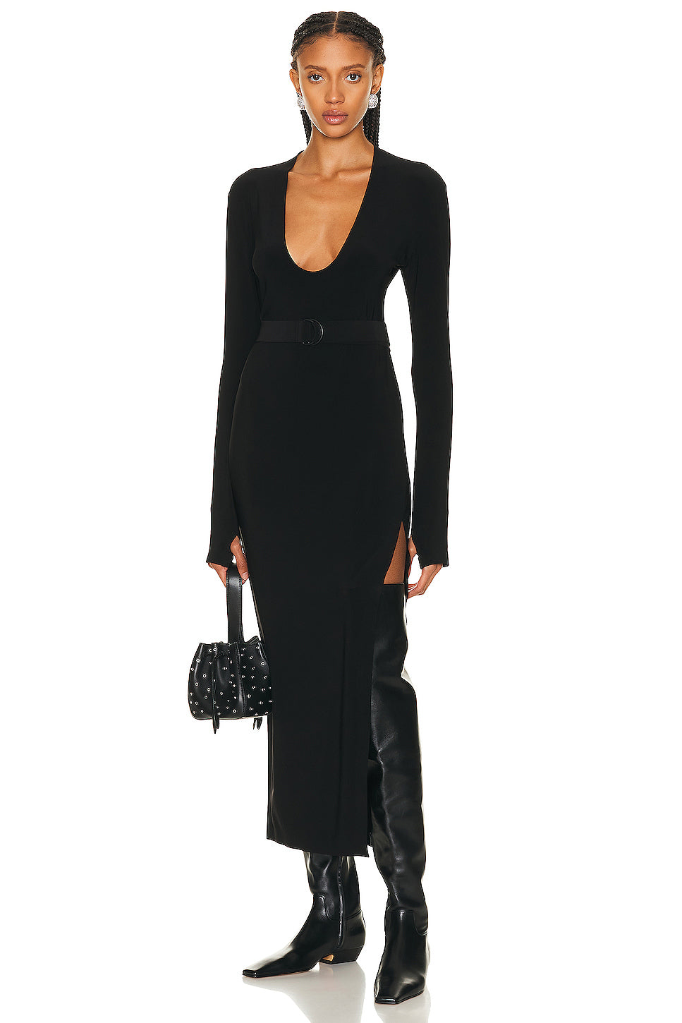 Long Sleeve Deep U Neck Side Slit Gown