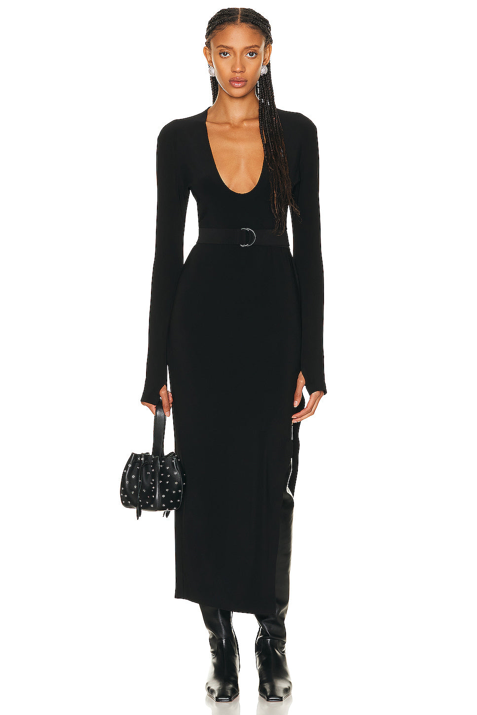 Long Sleeve Deep U Neck Side Slit Gown