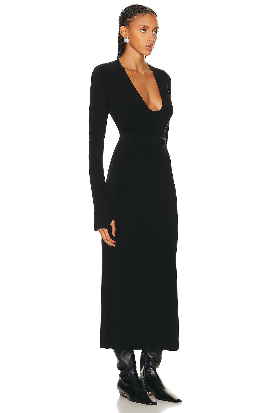 Long Sleeve Deep U Neck Side Slit Gown