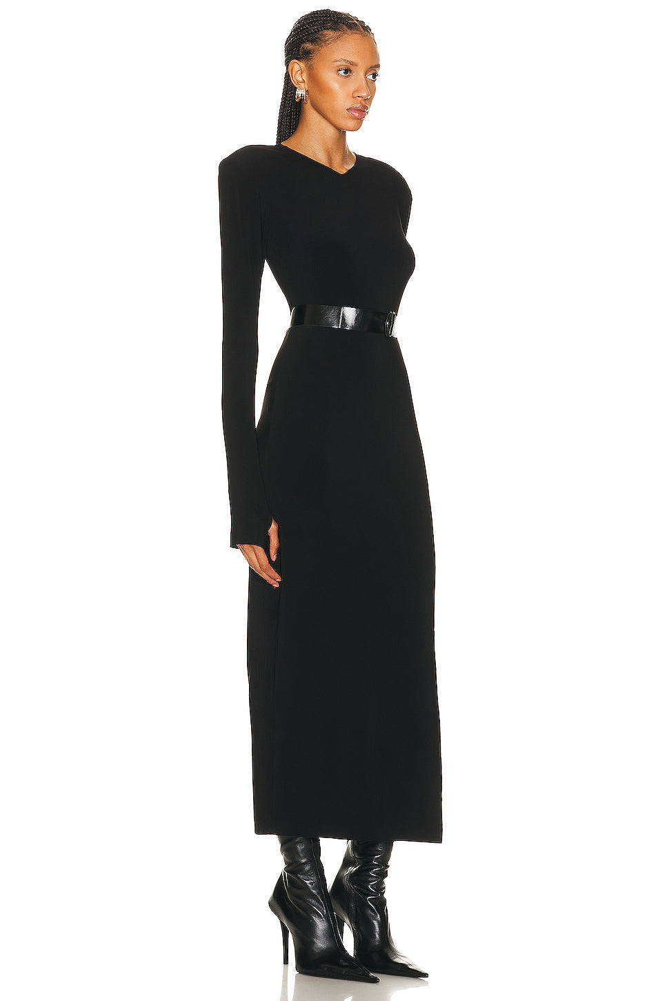 Long Sleeve Shoulder Pad Side Slit Gown