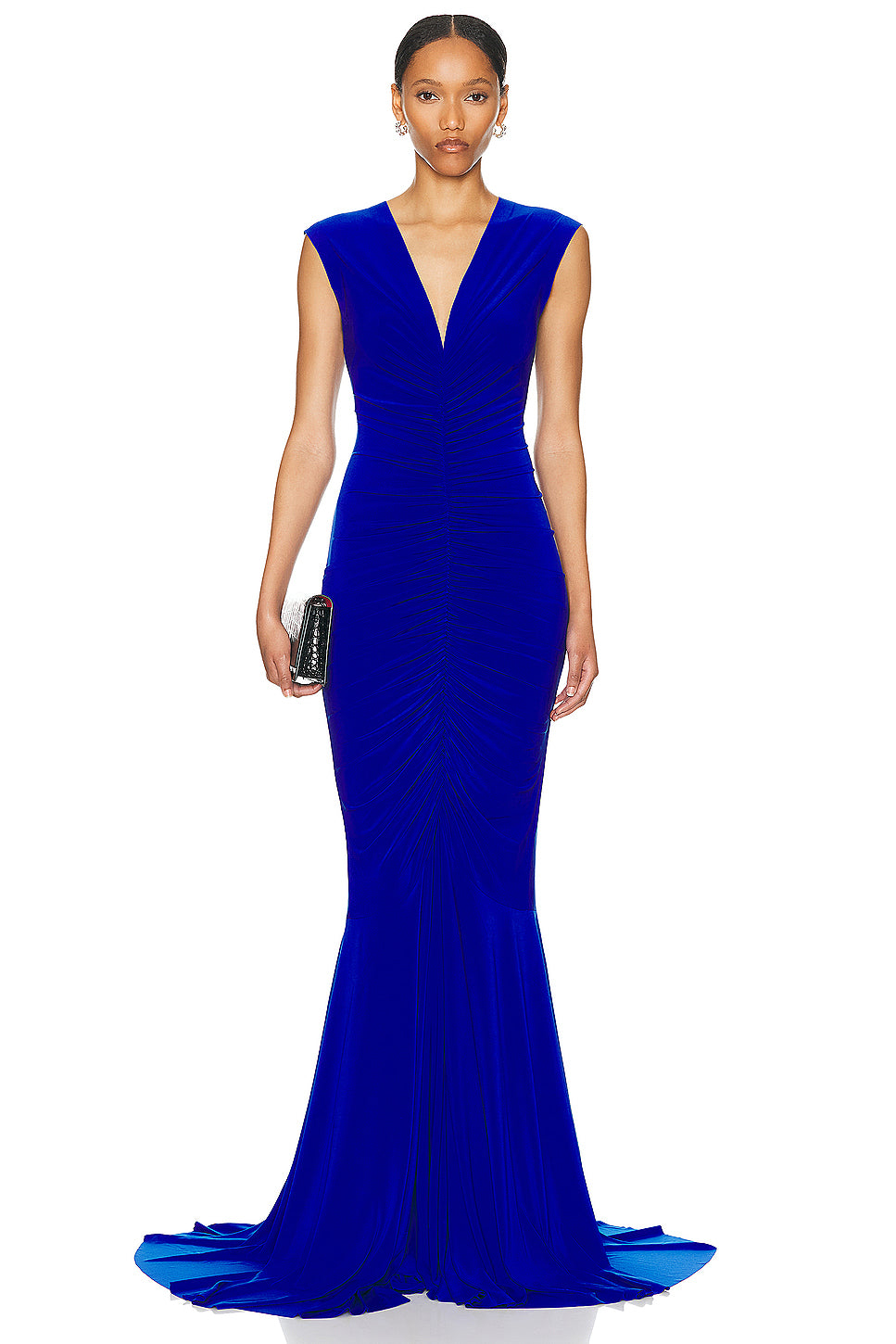 Sleeveless Deep V Neck Shirred Front Fishtail Gown