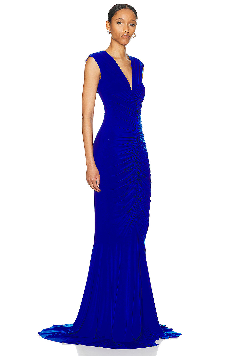 Sleeveless Deep V Neck Shirred Front Fishtail Gown