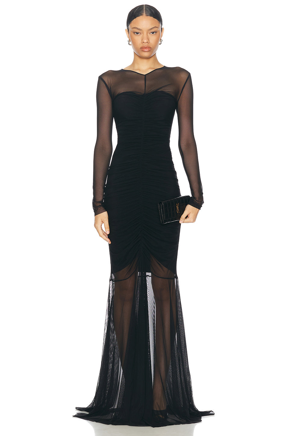 Longsleeve V Neck Shirred Front Fishtail Gown