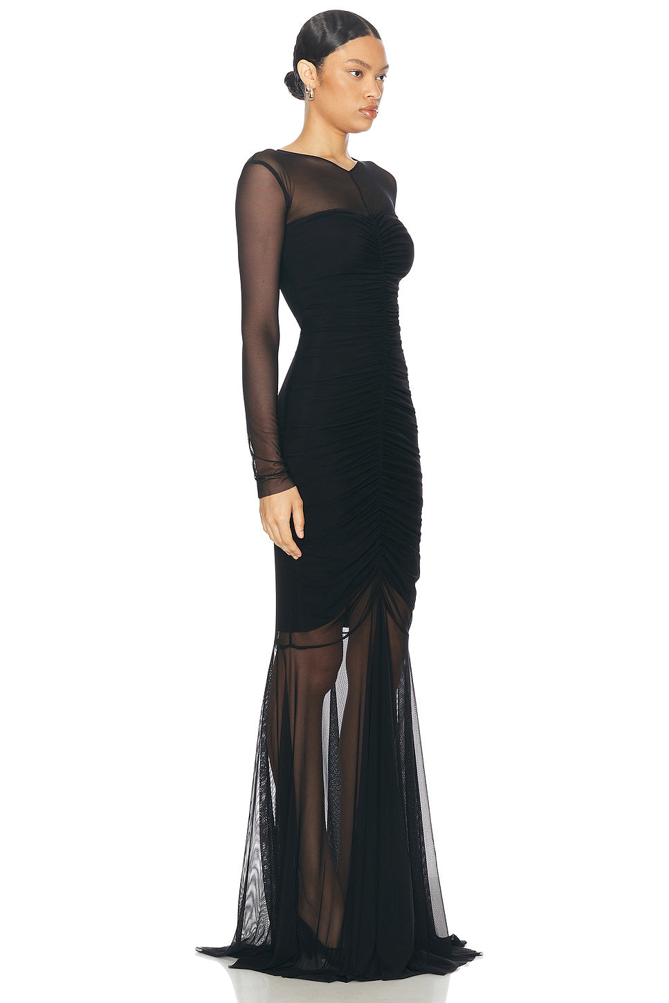 Longsleeve V Neck Shirred Front Fishtail Gown