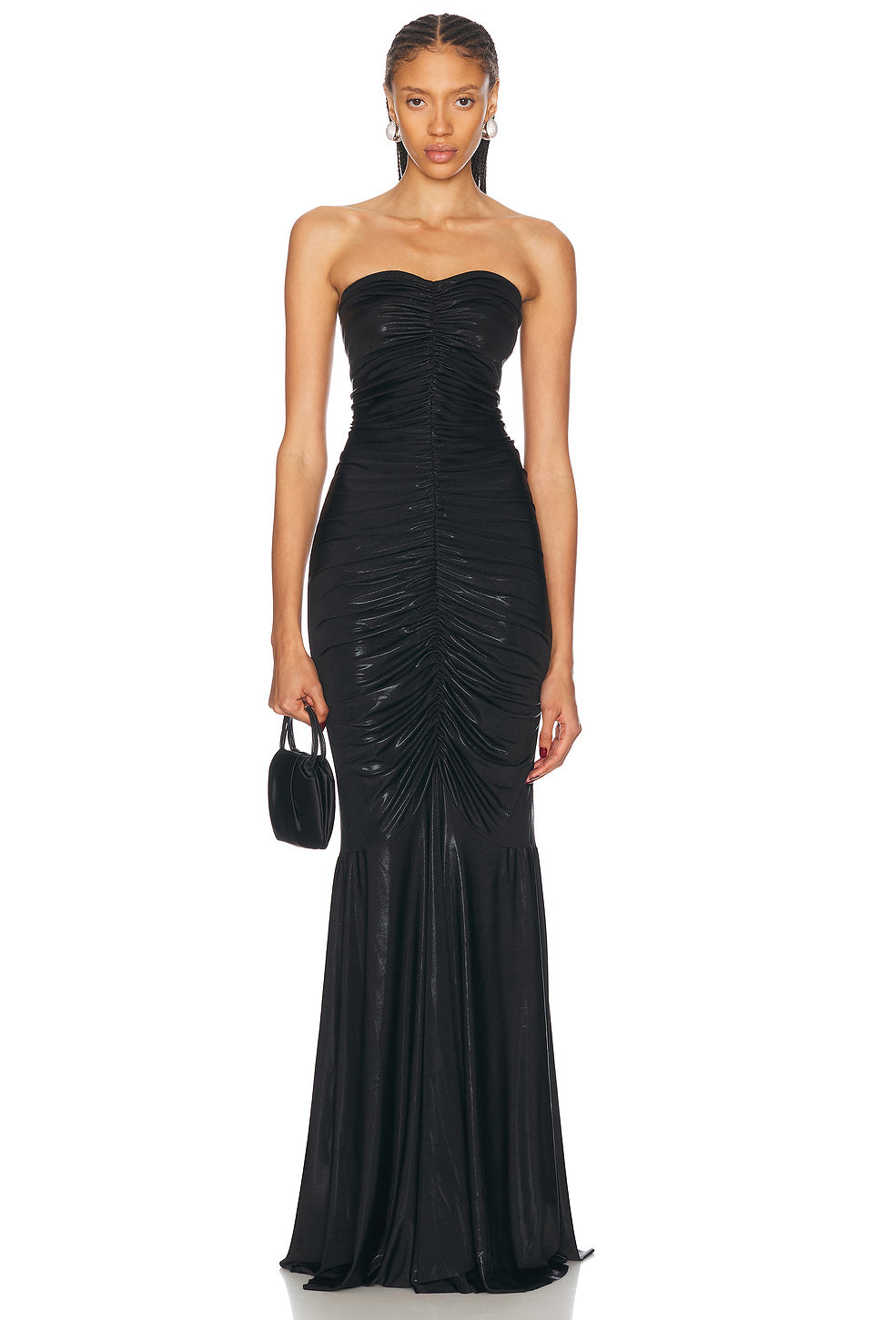 Strapless Shirred Front Fishtail Gown