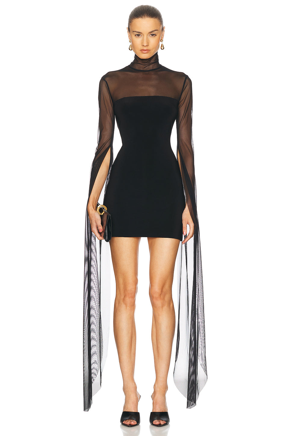 Ribbon Sleeve Turtleneck Mesh Mini Dress