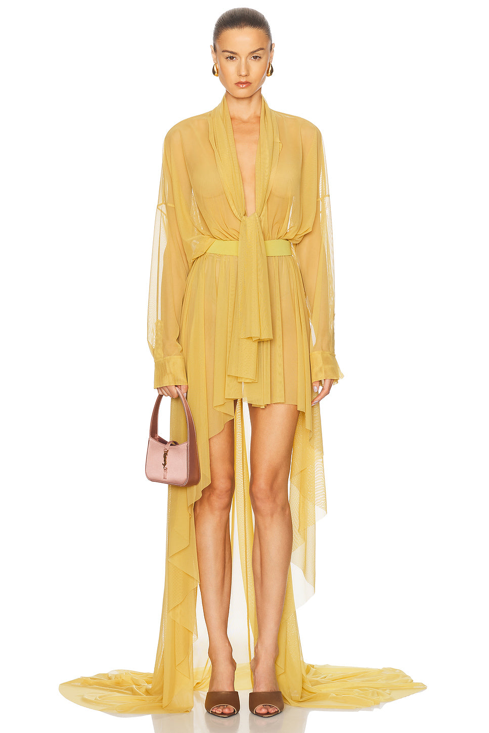 Hi Low Super Oversized Boyfriend Shirt Flared Gown With Bow