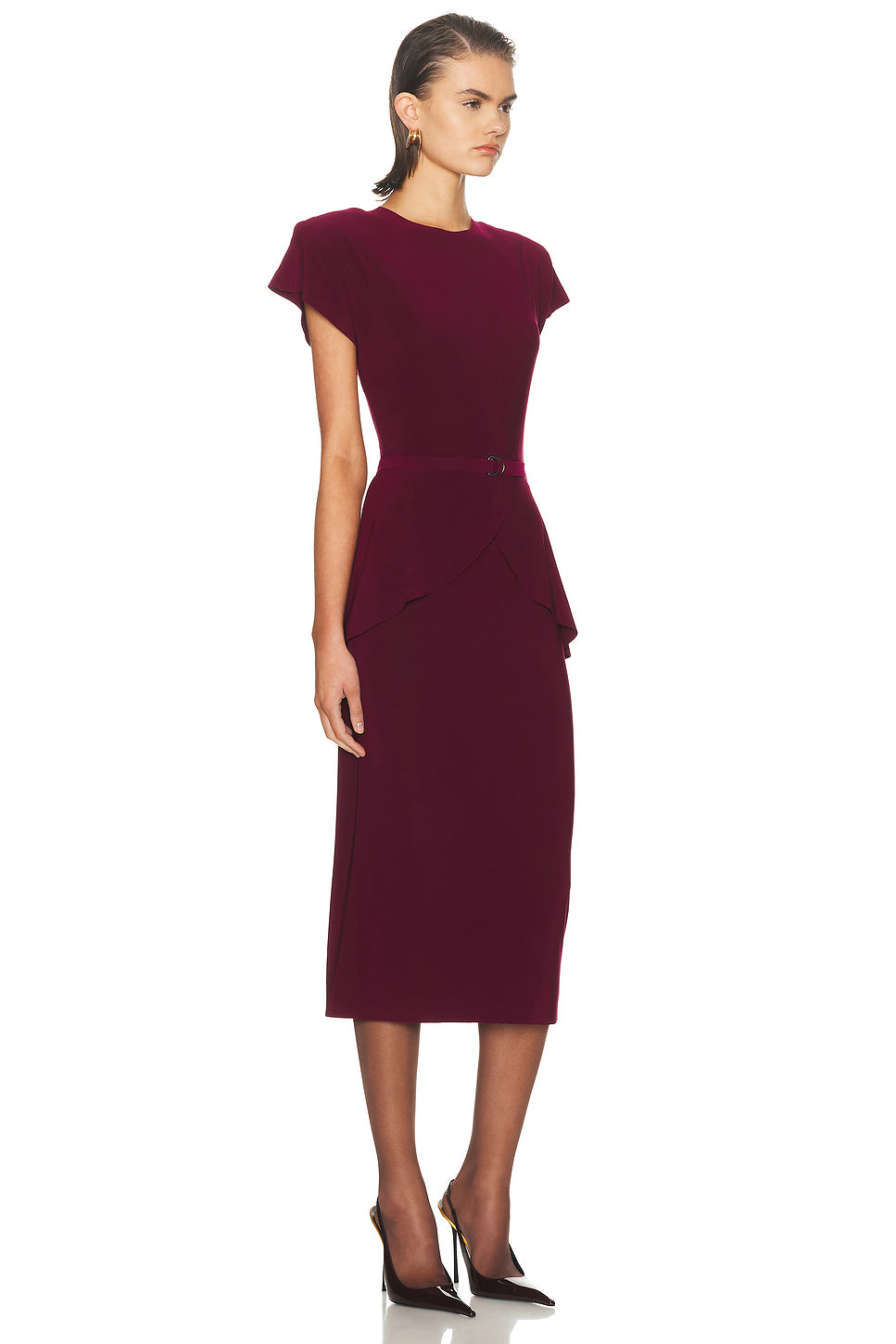 Cap Sleeve Shoulder Pad Peplum Midcalf Dress