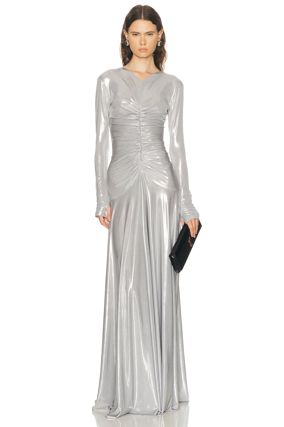 Long Sleeve V Neck Shirred Front Flared Gown