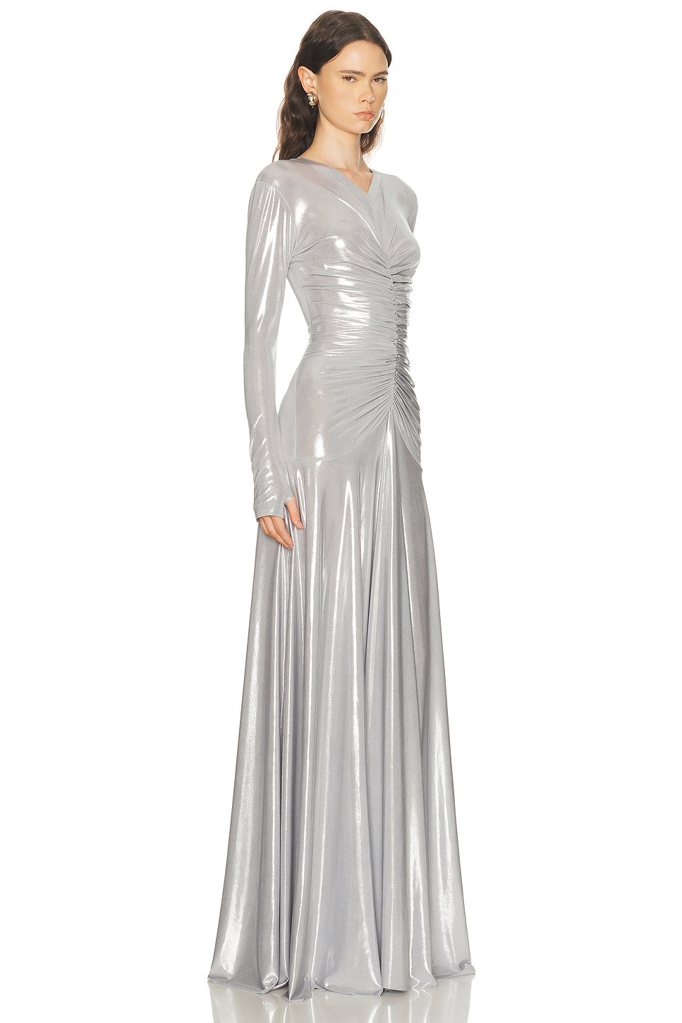 Long Sleeve V Neck Shirred Front Flared Gown