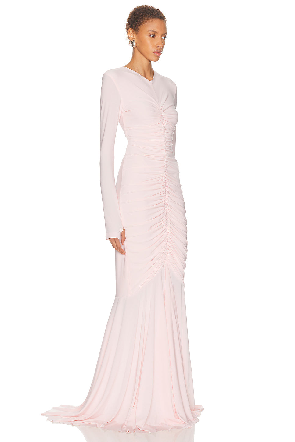Long Sleeve V Neck Shirred Front Fishtail Gown