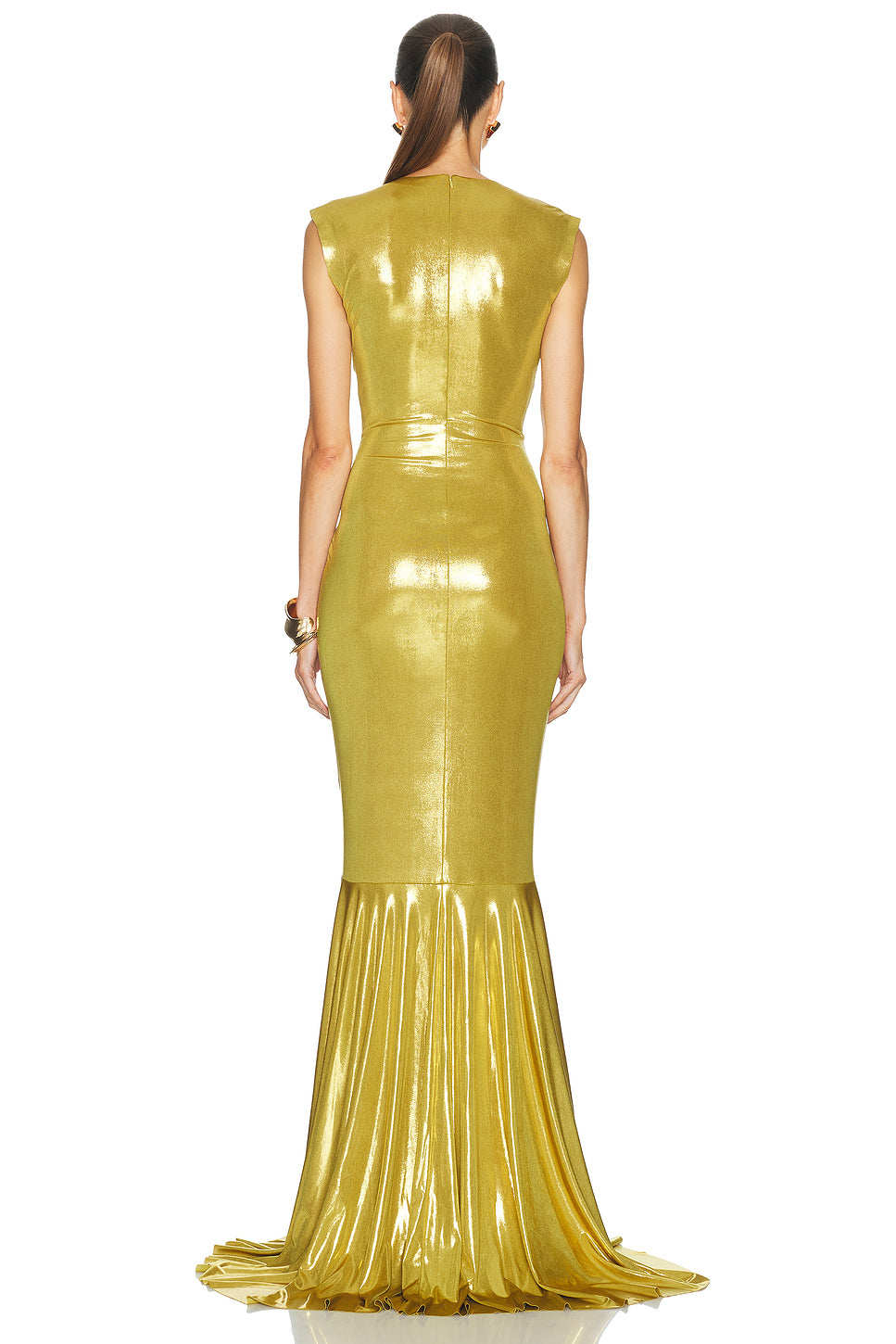Sleeveless V Neck Shirred Front Fishtail Gown