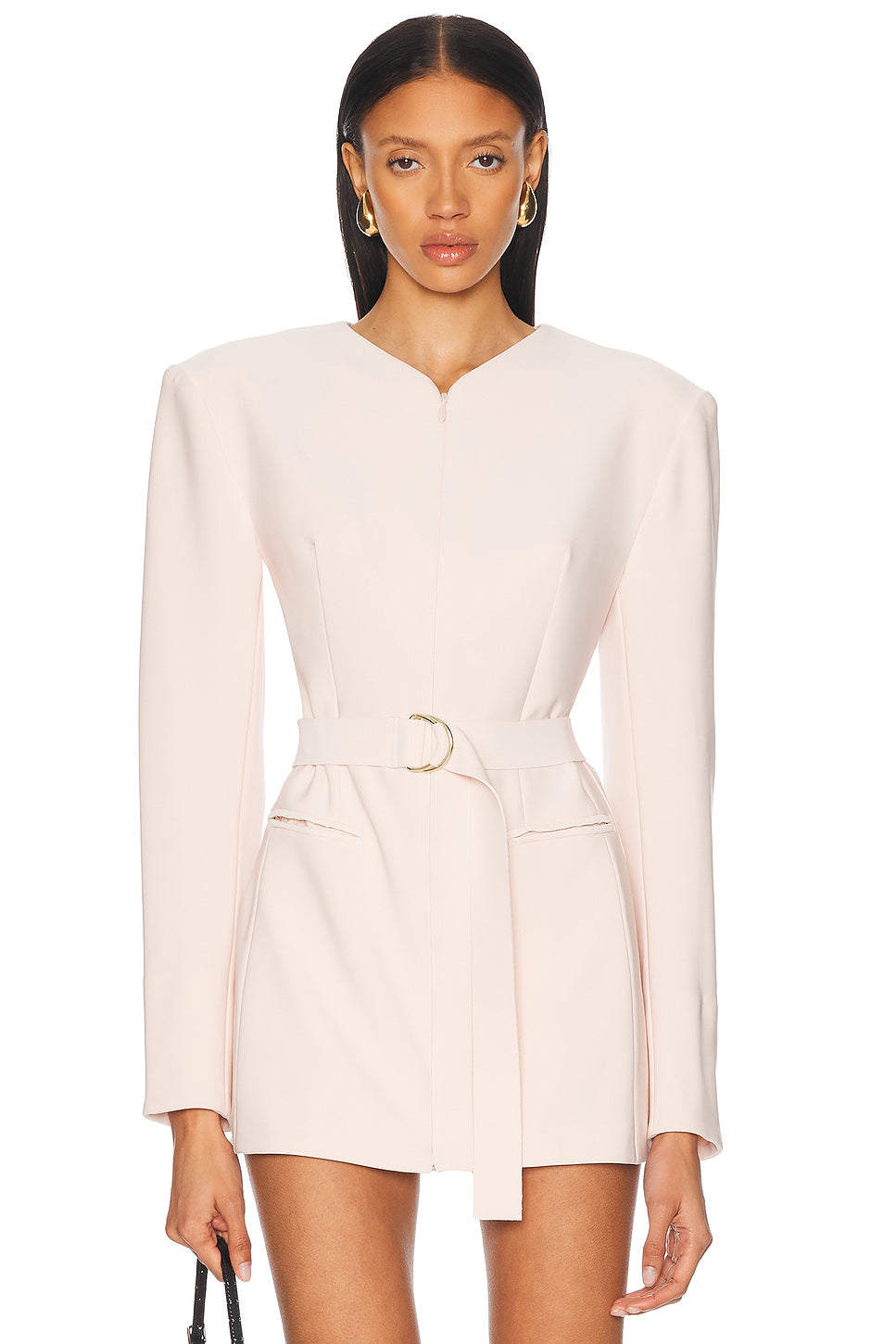 Long Sleeve Shoulder Pad V Neck Zip Front Jacket