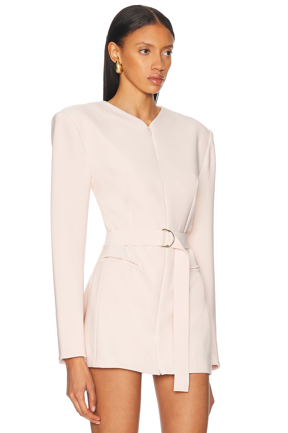 Long Sleeve Shoulder Pad V Neck Zip Front Jacket