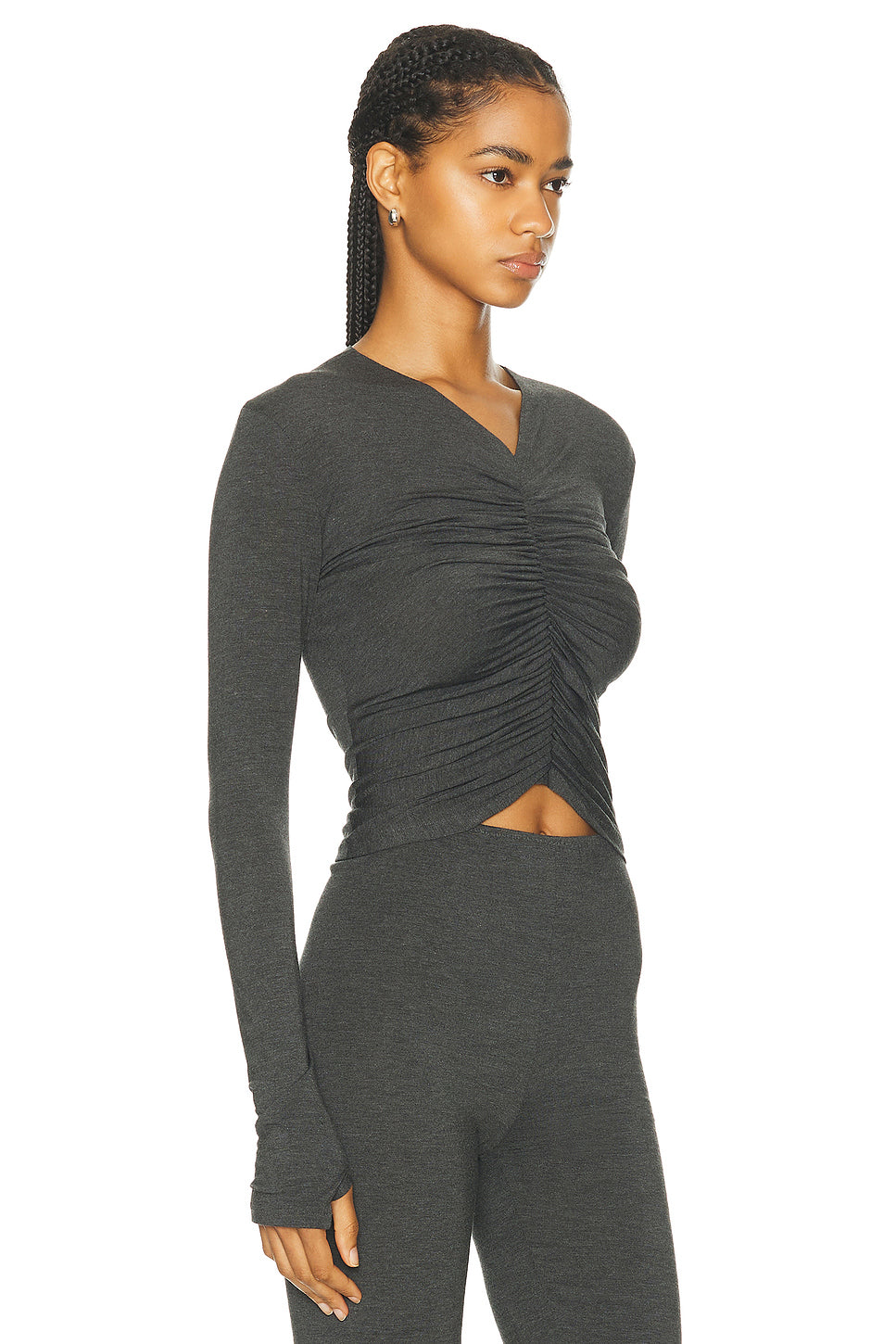 Long Sleeve V Neck Shirred Front Top