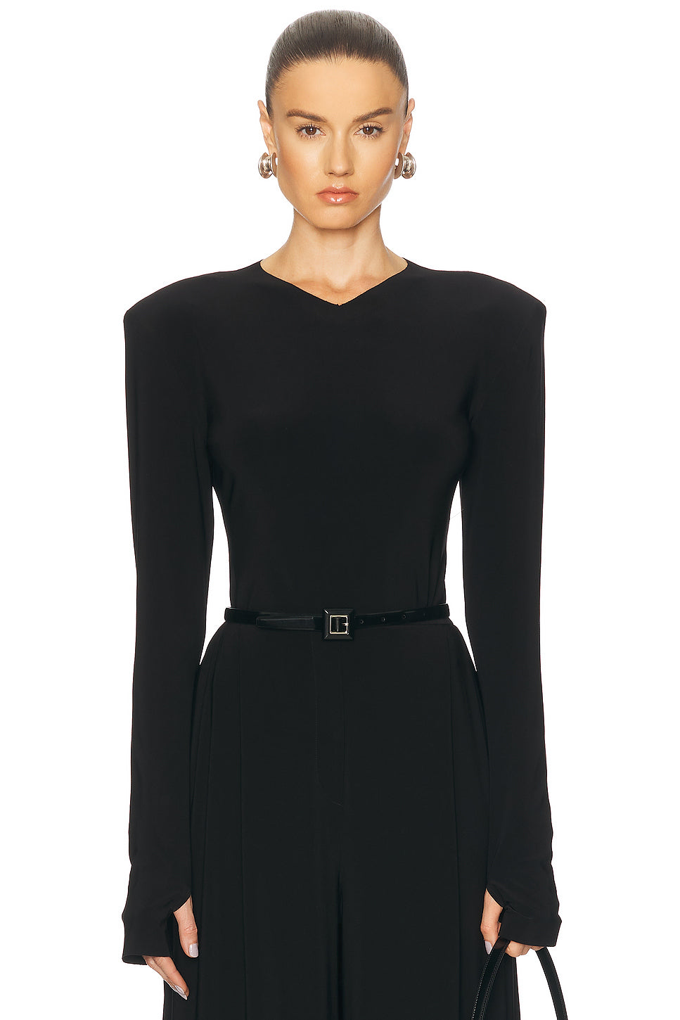 Long Sleeve Shoulder Pad V Neck Top