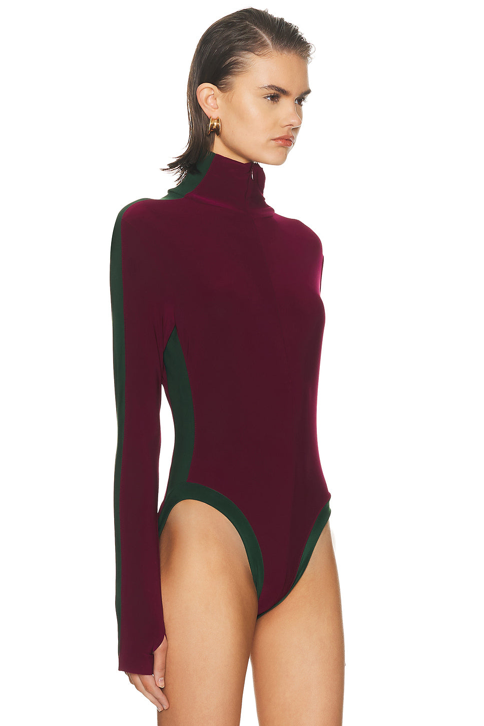 Side Stripe Zip Front Long Sleeve Turtleneck Bodysuit