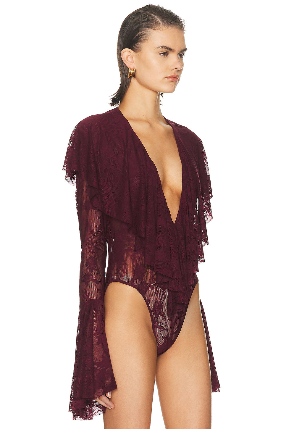 Long Sleeve Deep V Ruffle Bodysuit