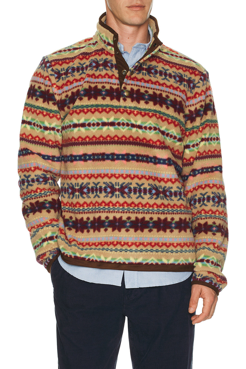 Long Sleeve Printed Vintage Fleece Snap Mockneck Pullover