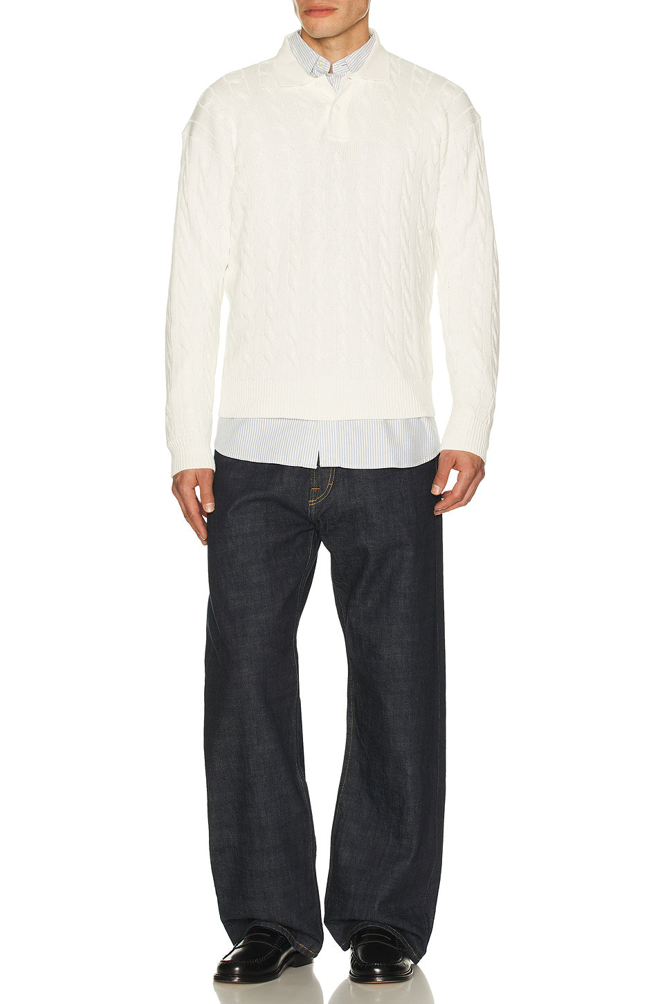 Long Sleeve Garment Dyed Cable Knit Polo Sweater Relaxed Fit