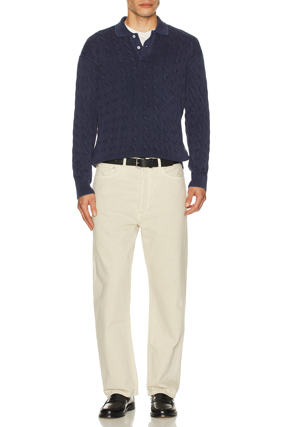 Long Sleeve Garment Dyed Cable Knit Polo Sweater