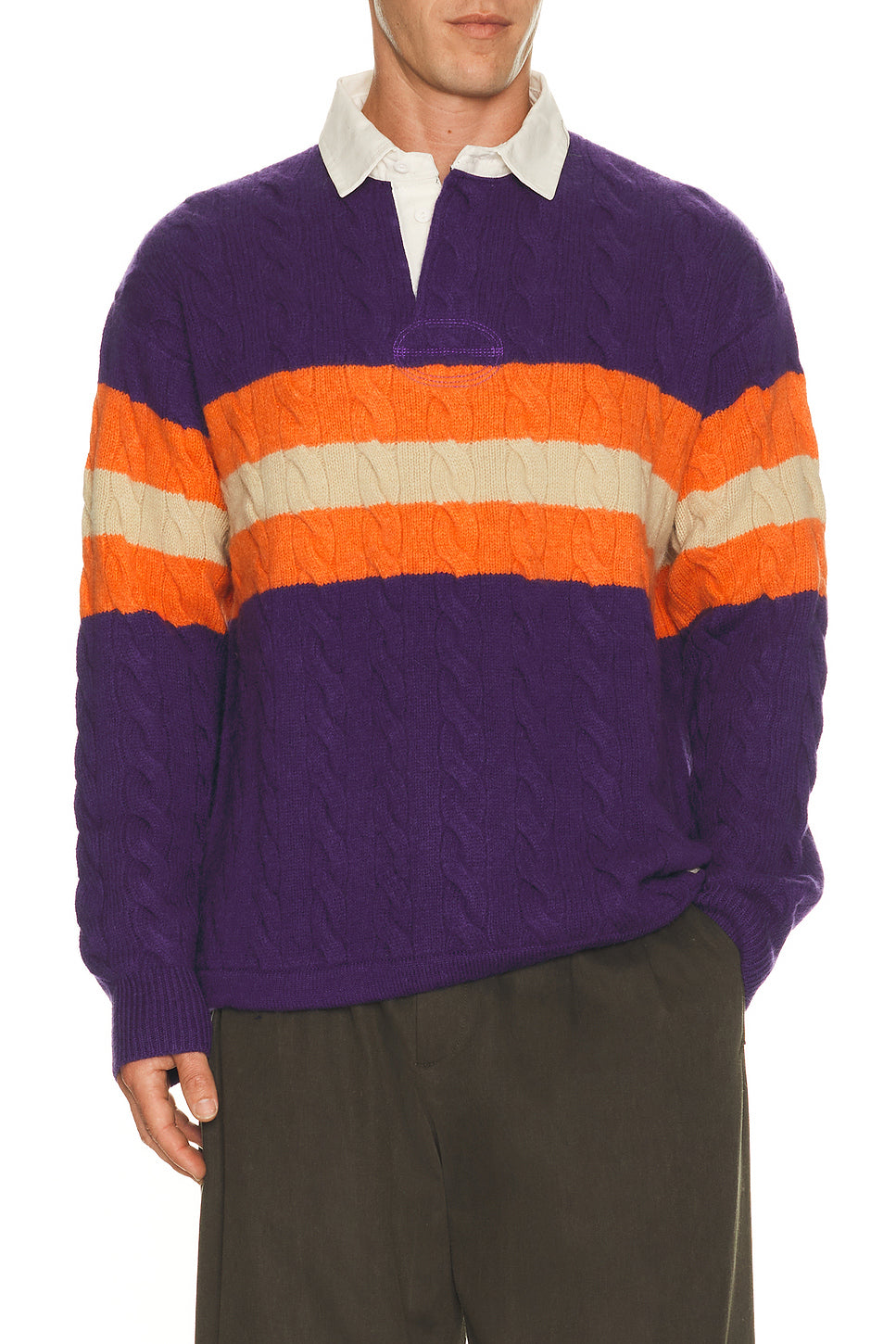 Wool Blend Cable Knit Rugby Polo Sweater
