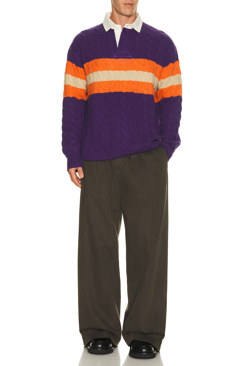 Wool Blend Cable Knit Rugby Polo Sweater
