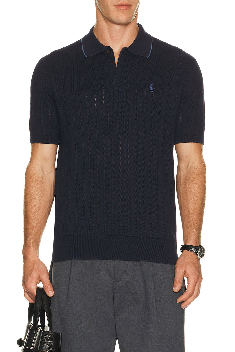 Short Sleeve Cotton Rib Stitch Polo Sweater With Johnny Collar
