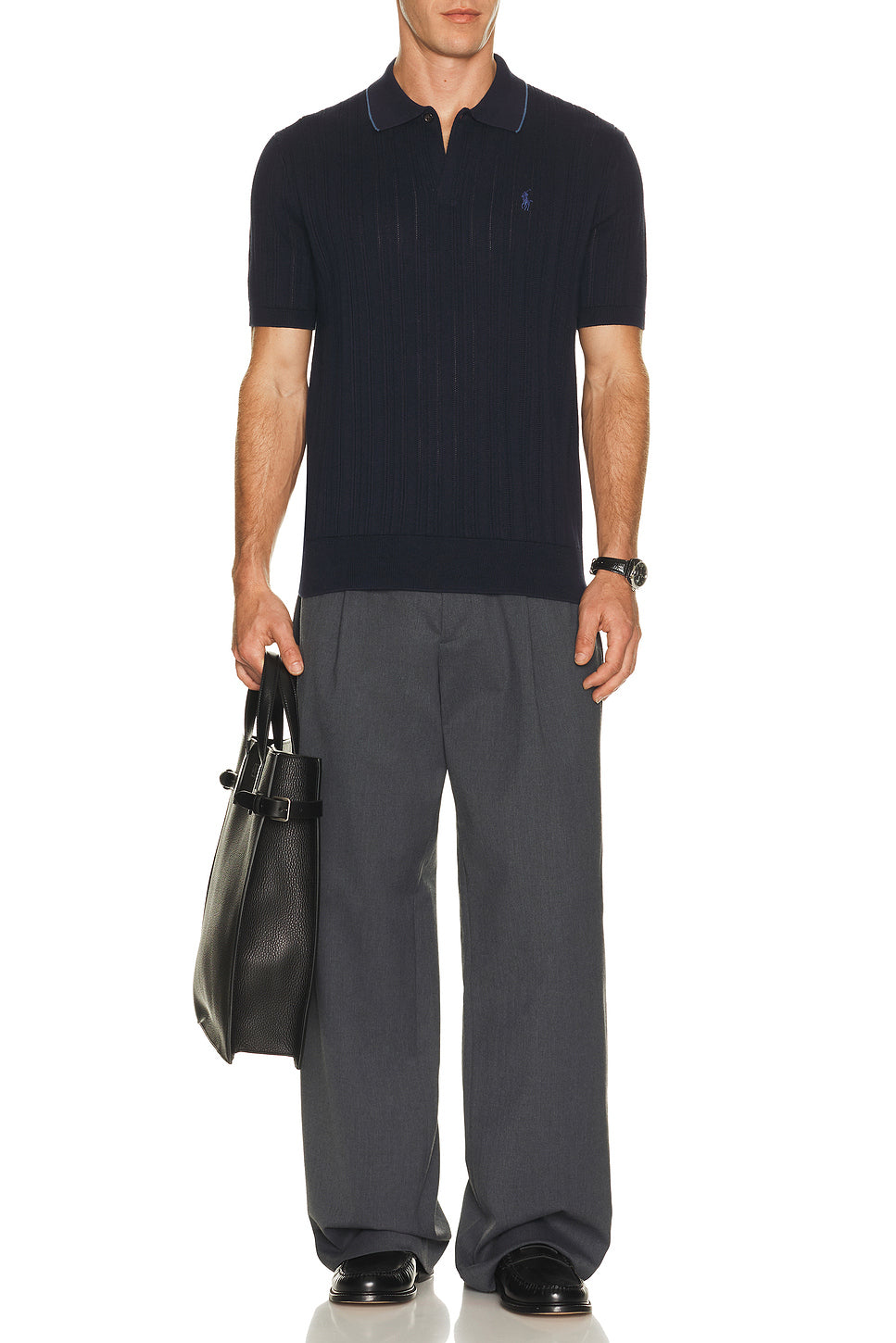 Short Sleeve Cotton Rib Stitch Polo Sweater With Johnny Collar