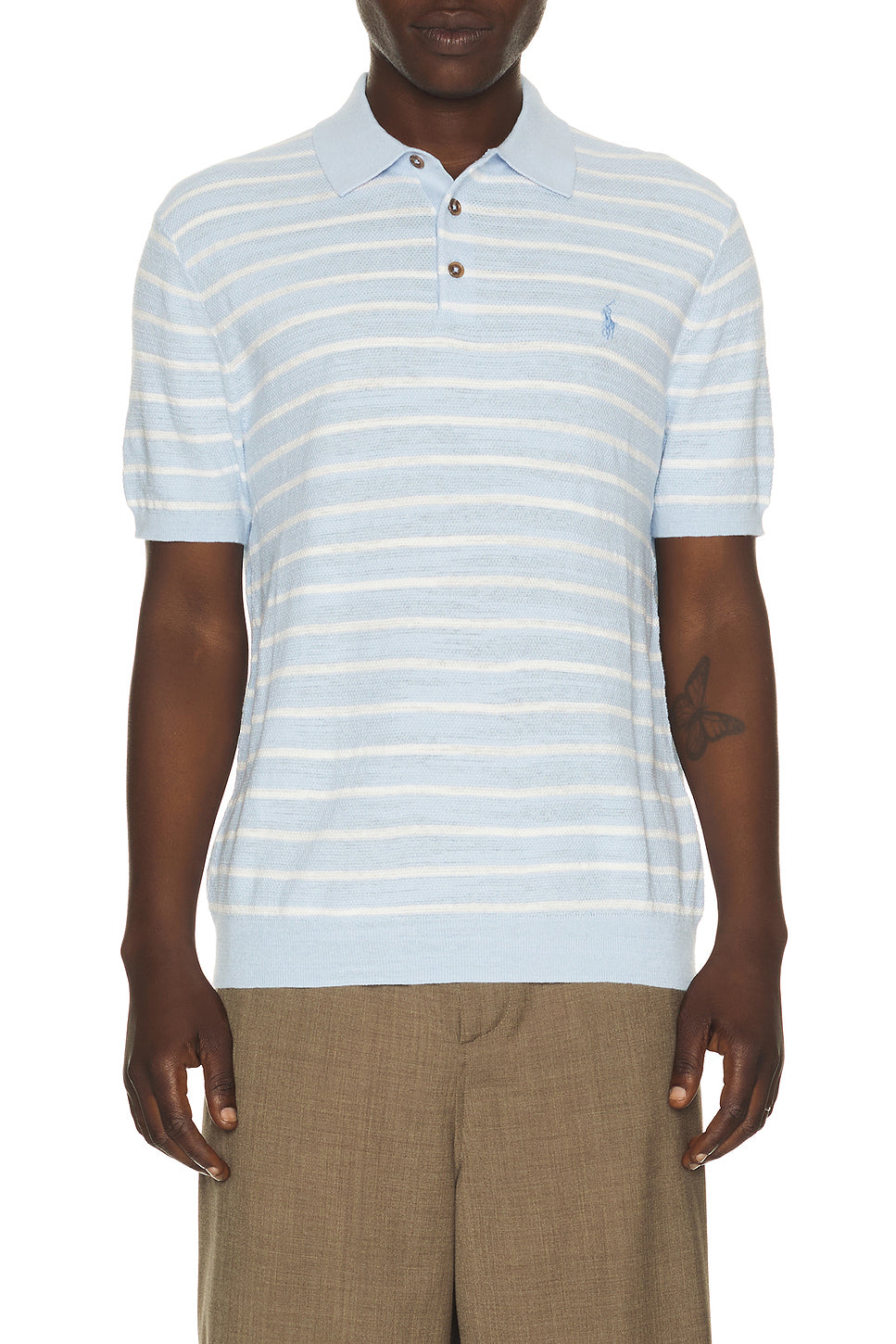 Cotton Blend Textured 3 Button Placket Short Sleeve Sweater