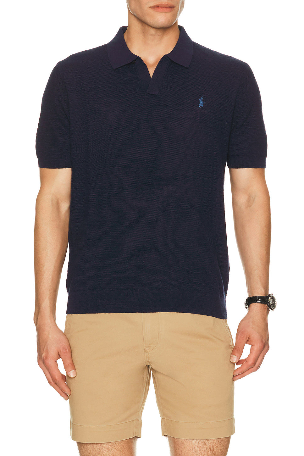 Short Sleeve Textured Johnny Collar Polo Sweater