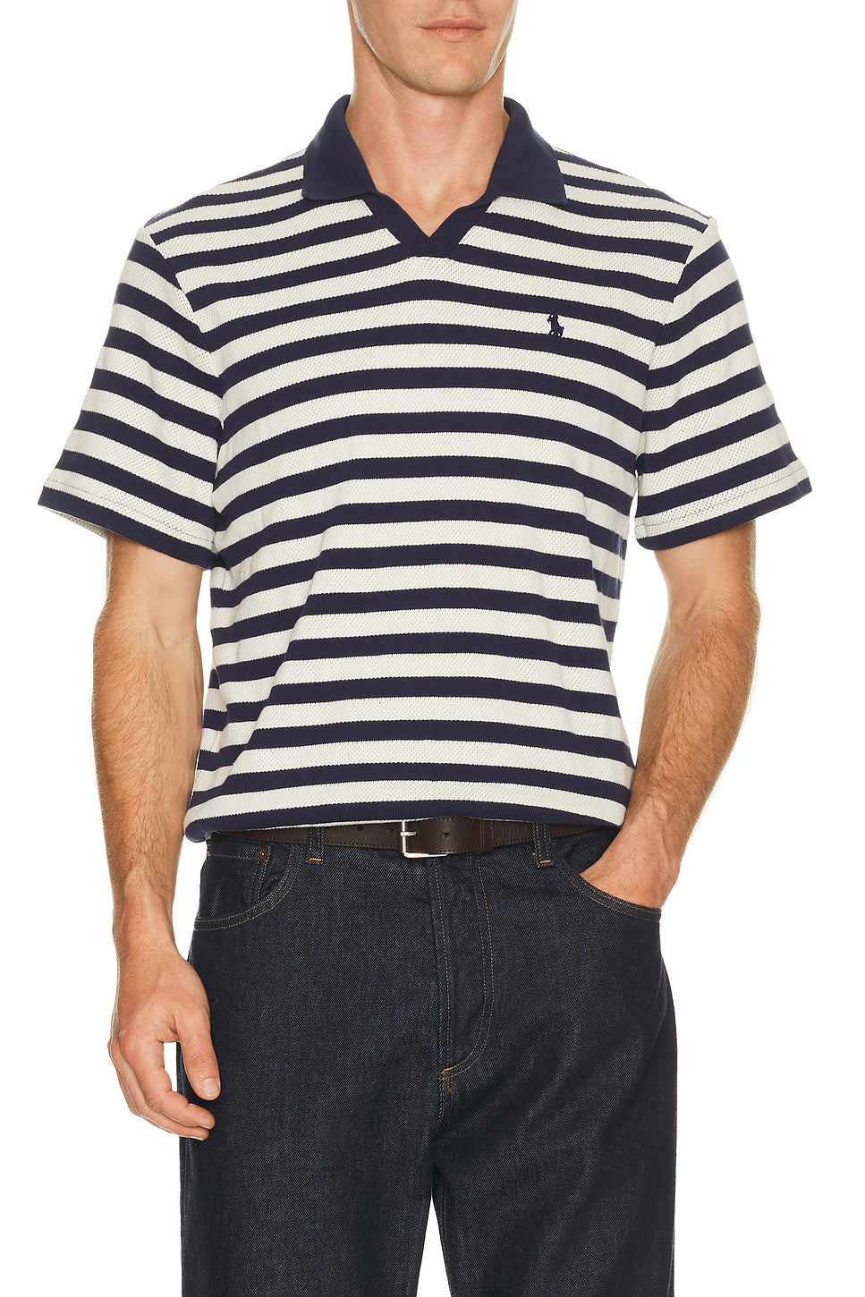 Short Sleeve Cotton Club Stripe Textured Fully Fashioned Johnny Collar Polo