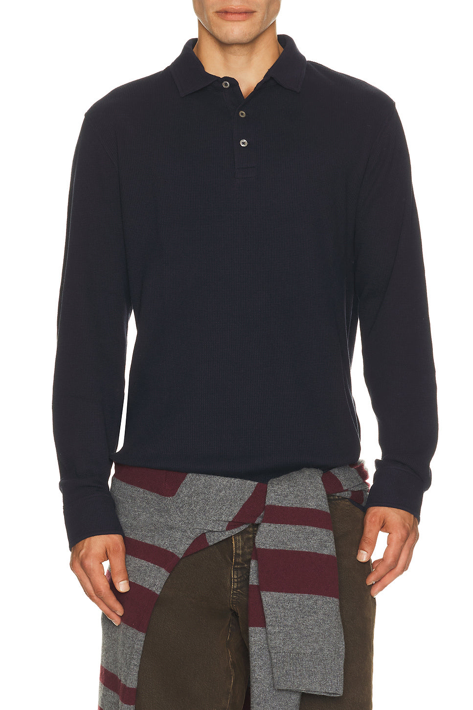 Long Sleeve Textured Waflle Henly Polo
