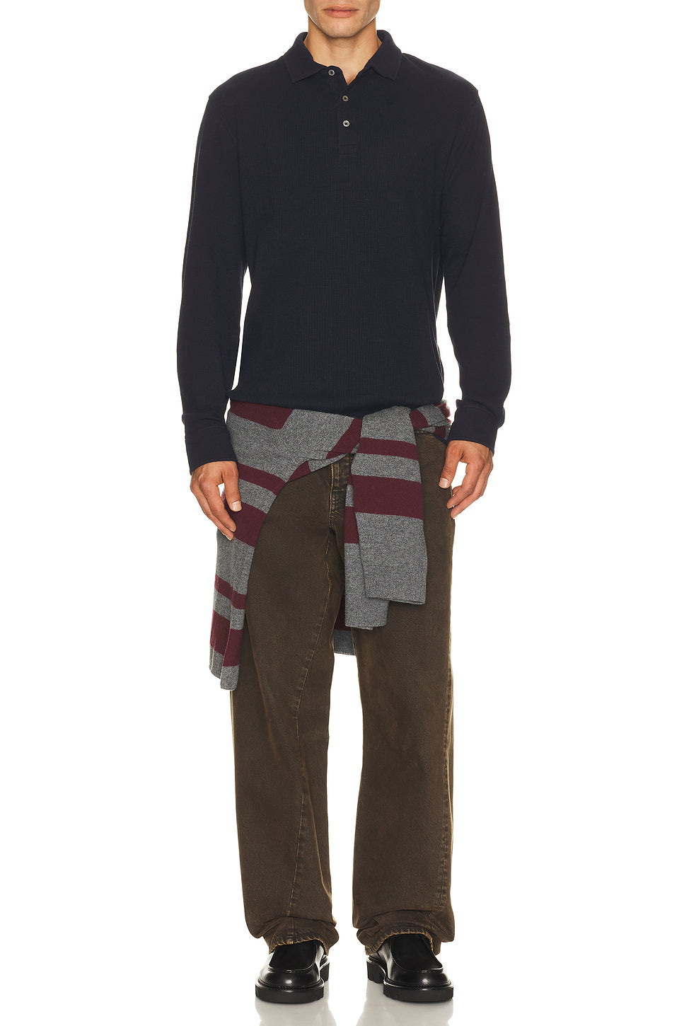Long Sleeve Textured Waflle Henly Polo