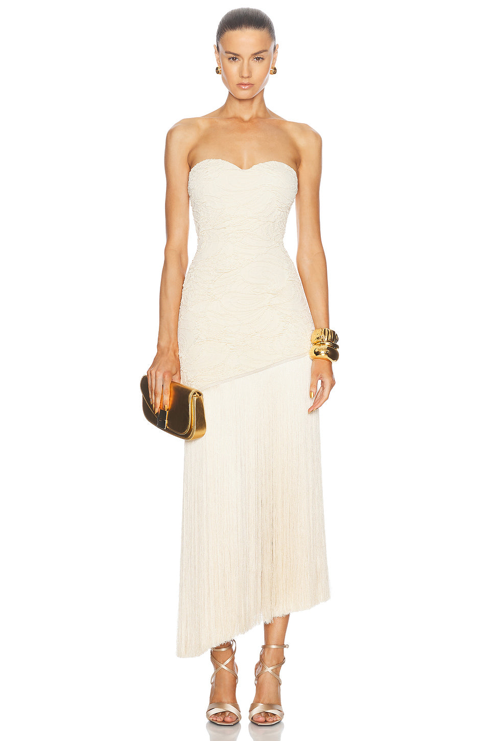 Jacquard Strapless Fringe Maxi Dress