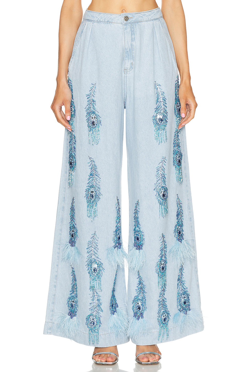 Hand-Beaded Denim and Feather Jeans