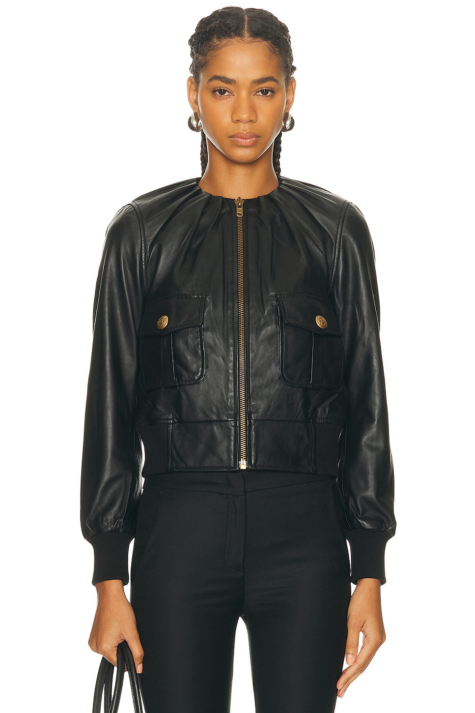 Pleated Neck Leather Jacket