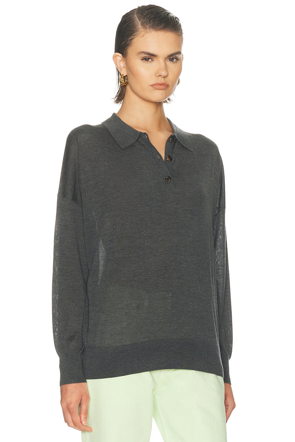 Silk Cashmere Boxy Long Sleeve Polo Top