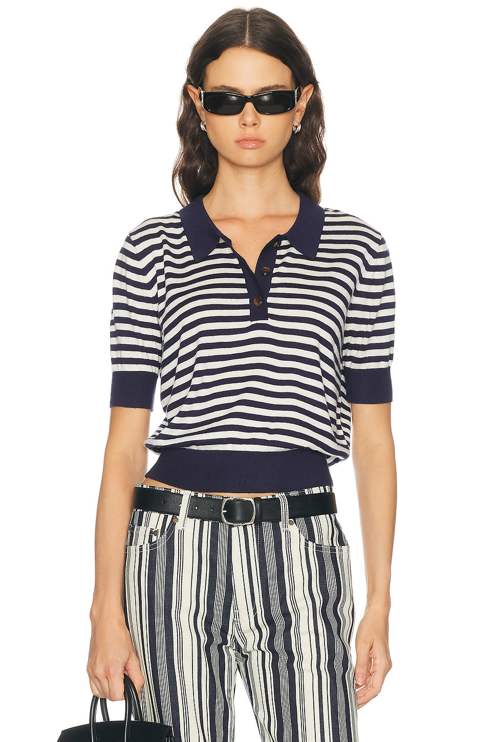 Silk Cashmere Stripe Knit Polo Top