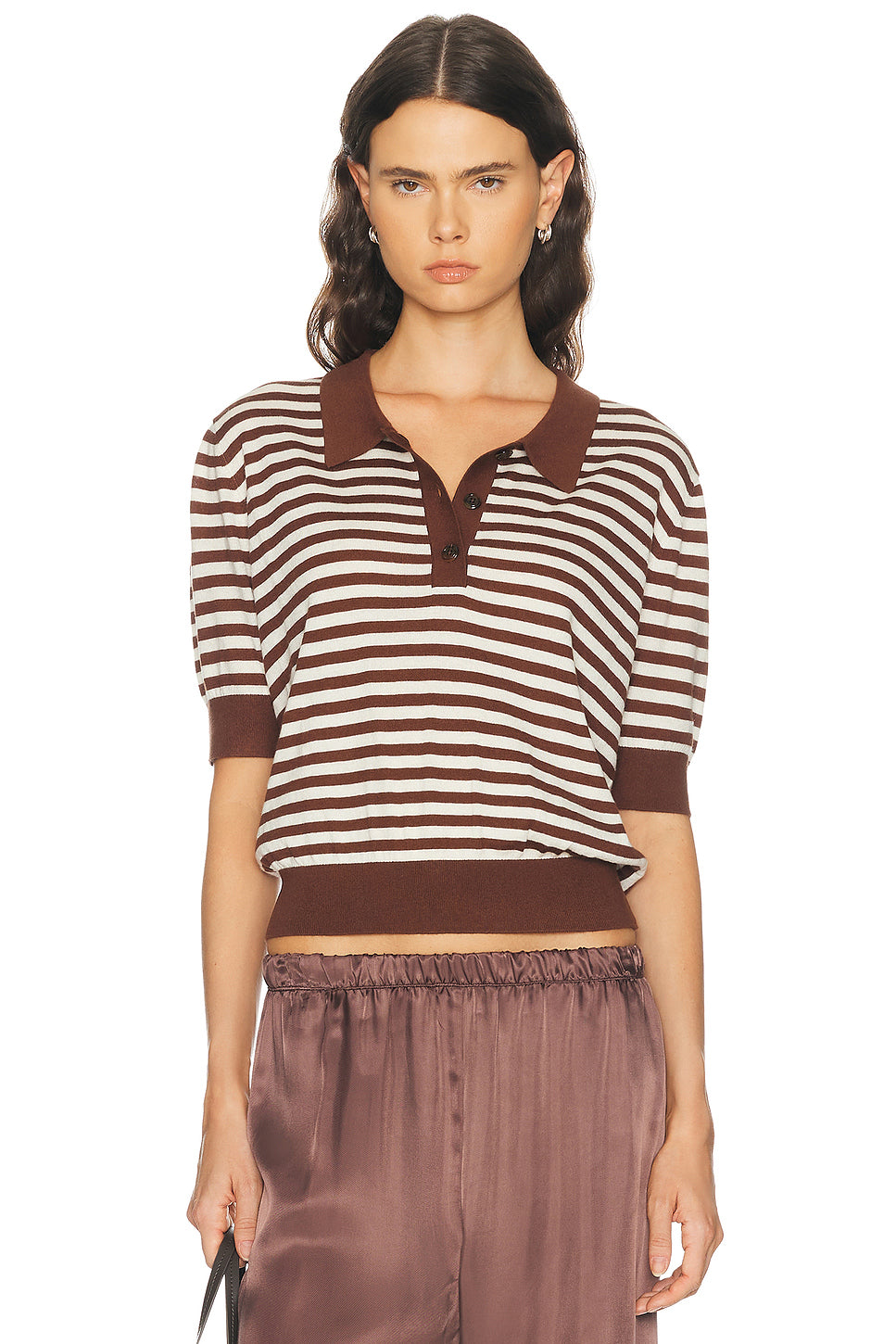 Silk Cashmere Stripe Knit Polo Top