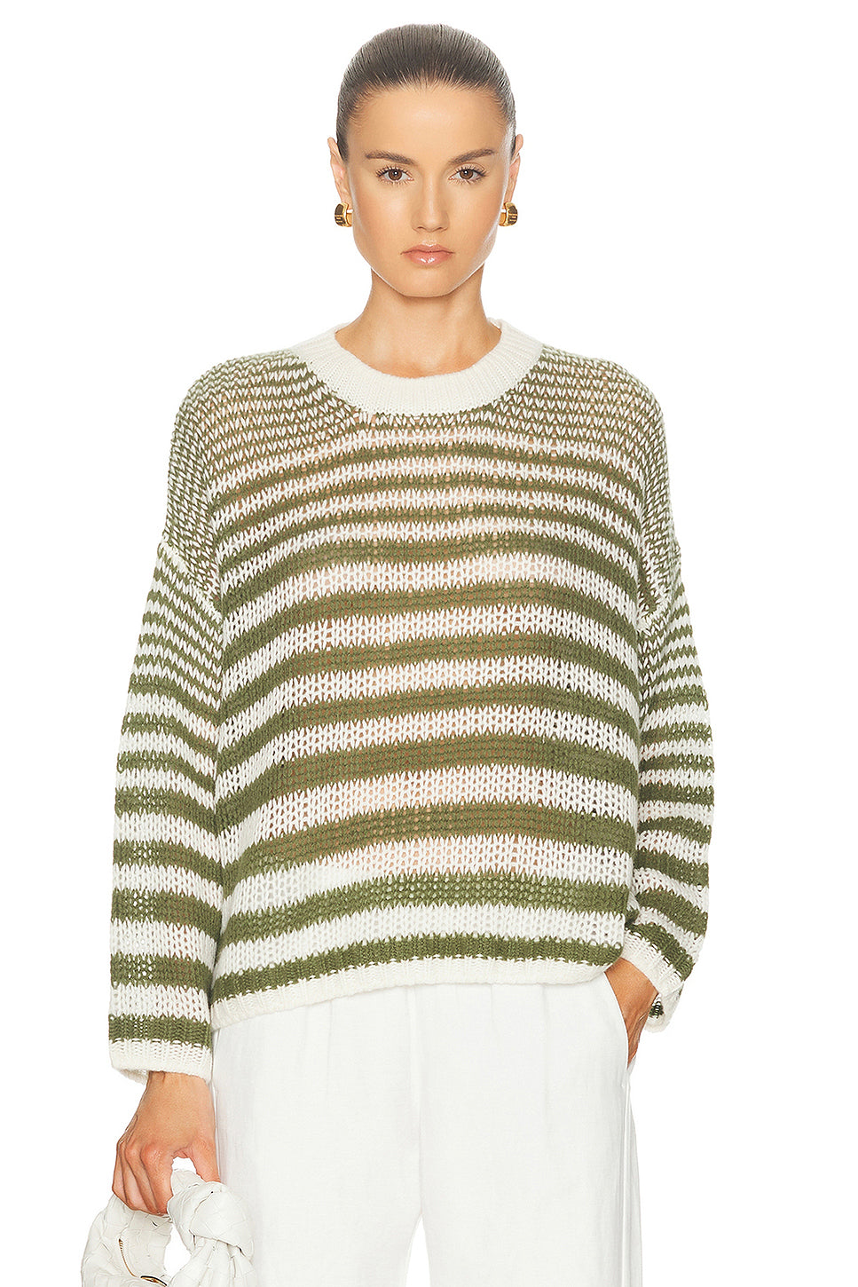 Sheyla Slouchy Open Crewneck Striped Pullover Sweater