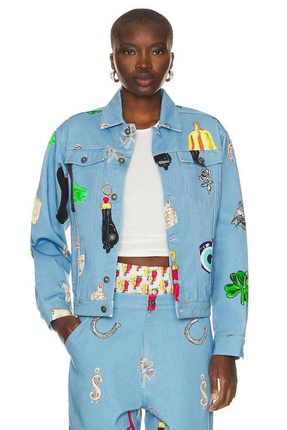 Unisex Charm Print Denim Jacket Woven