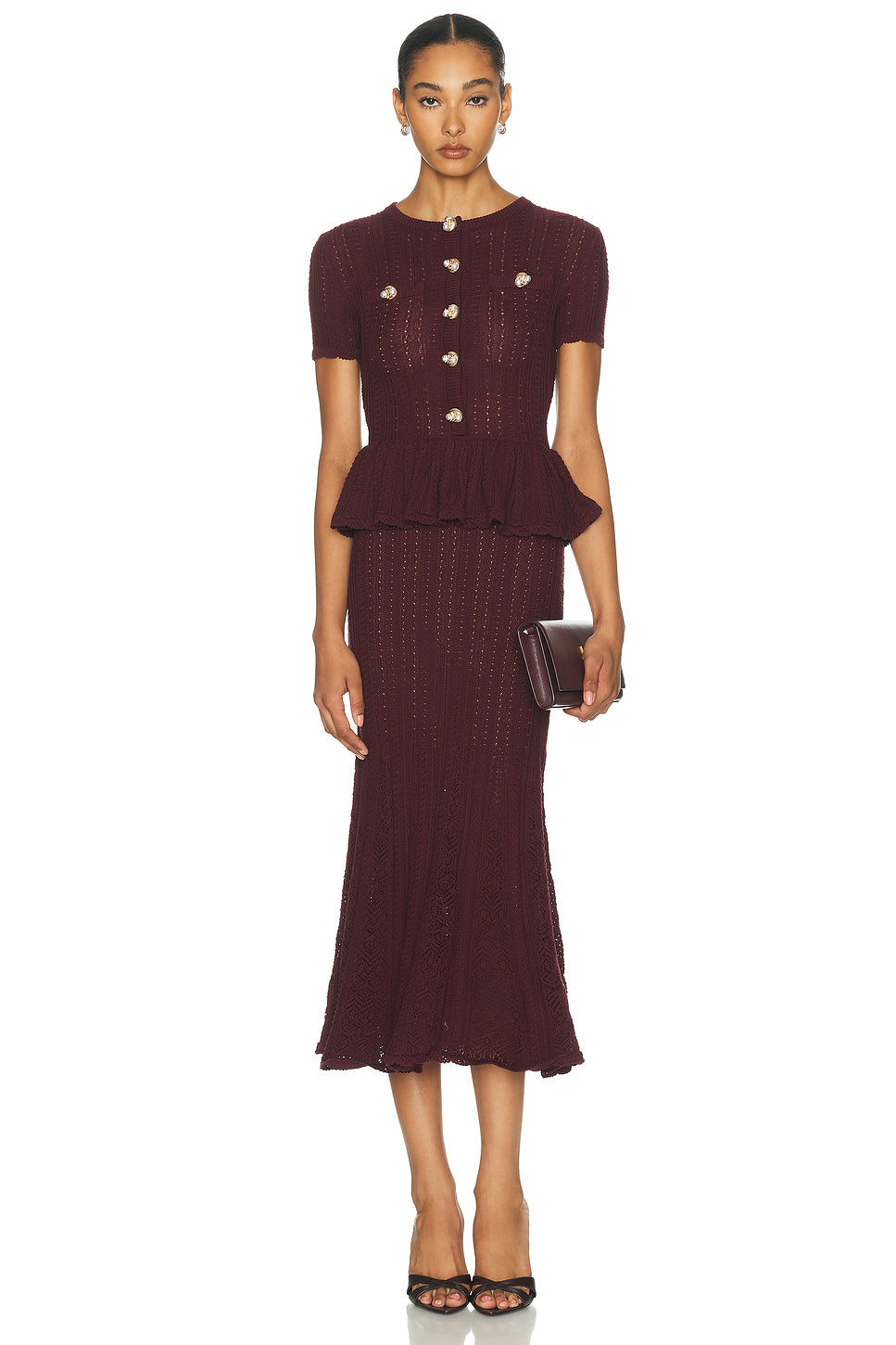Pointelle Peplum Knit Midi Dress