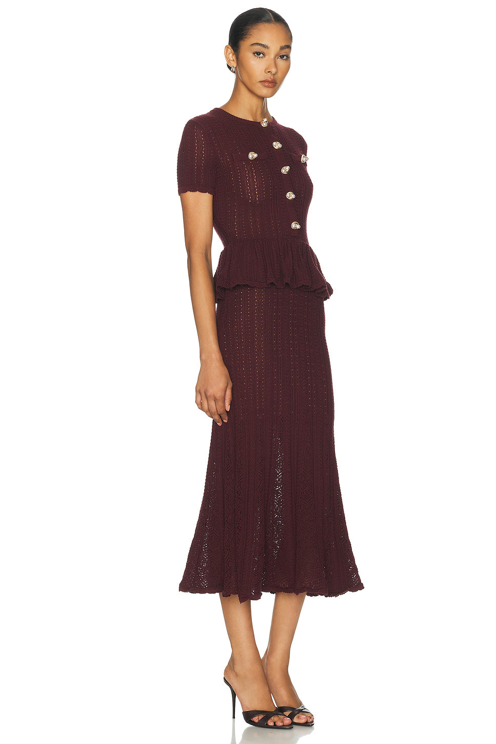 Pointelle Peplum Knit Midi Dress