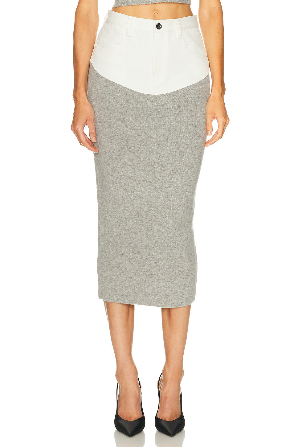 Knit Denim Insert Midi Skirt