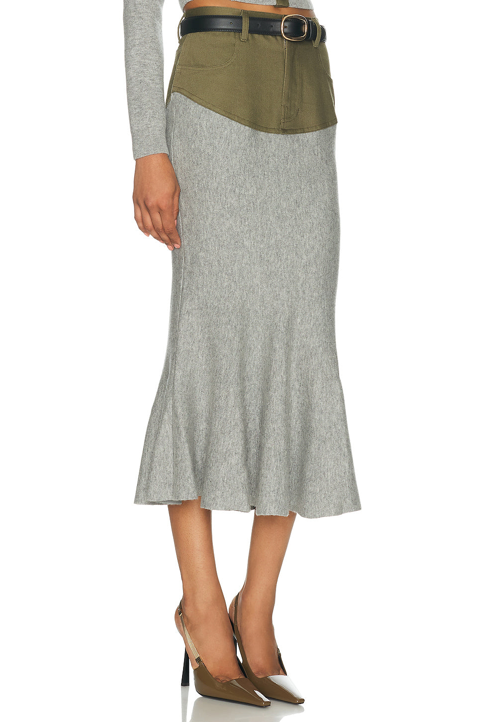 Knit Khaki Denim Insert Midi Skirt